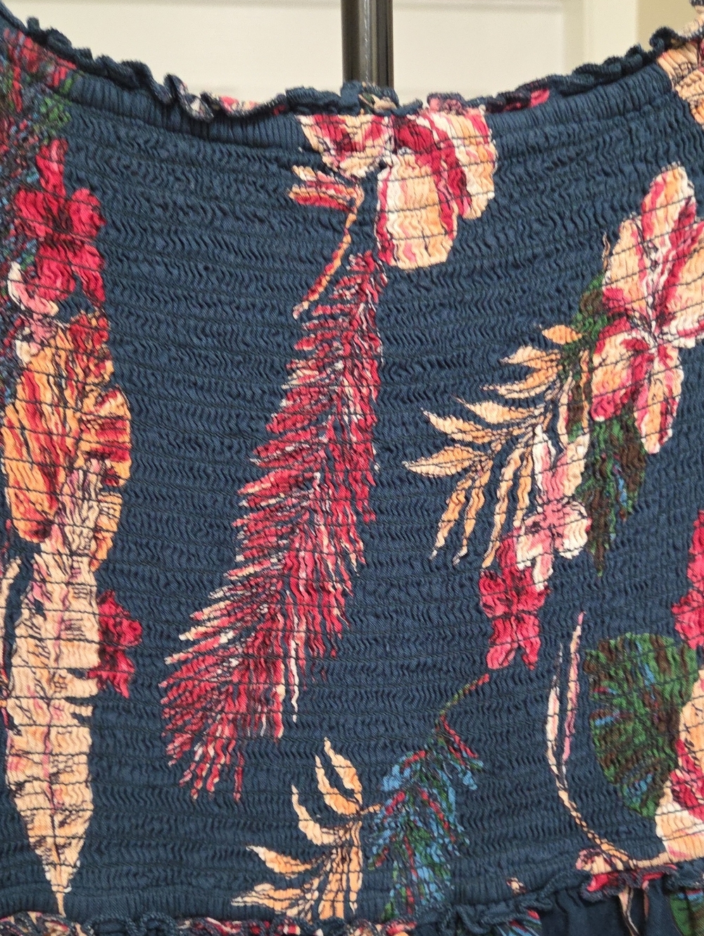 Patrons of Peace Navy Tropical Floral Smocked Off-Shoulder Maxi Dress Boho Rayon - Picture 8 of 9